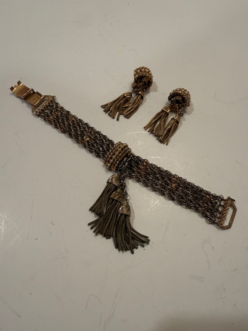 DENBE Gold-Tone Mesh Bracelet Earrings Set with Tassel and Pearl Accents
